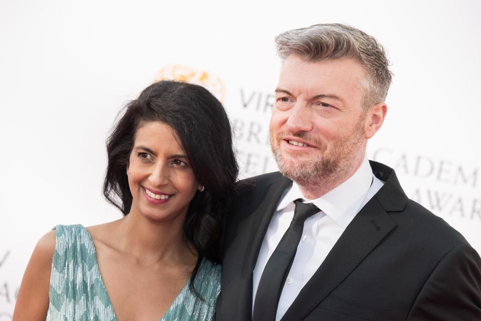 Charlie Brooker, right, with wife Konnie Huq, left at the 70th Emmy Awards 