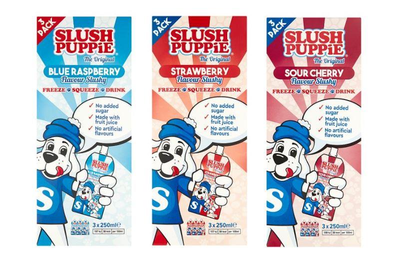  Tesco is selling Slush Puppie pouches in blue raspberry, strawberry, and sour cherry flavours