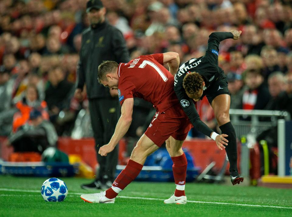  James Milner puts a crunching tackle in on Neymar during win over PSG