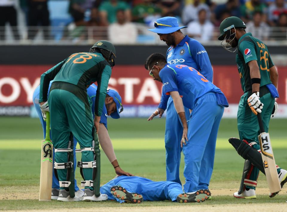  Pandya fell to the ground during the 18th over in India's match in the Asia Cup