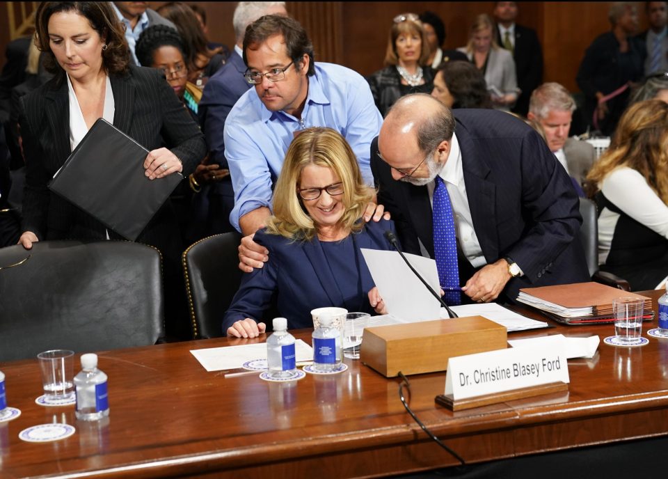 Christine Blasey Ford takes a break from testifying at a US Senate Judiciary Committee hearing