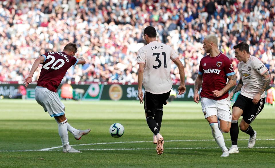  Andriy Yarmolenko fires in the shot which deflected off Victor Lindelof for the second