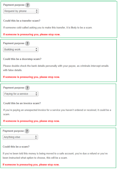  A message about scams will be shown to customers depending on what the payment is for