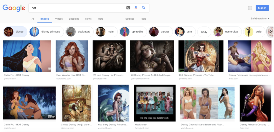  Google also recommended users searching for "hot" to this page, which showed over-sexualised Disney characters