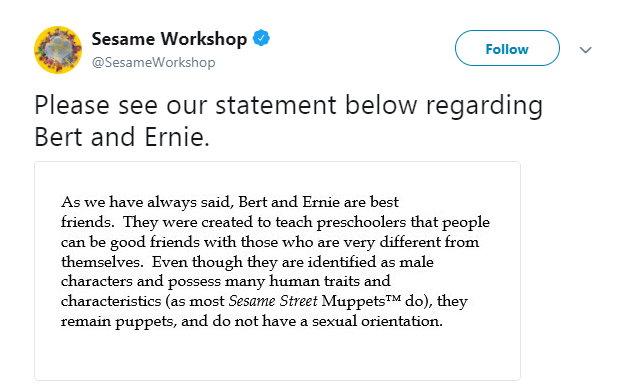 Sesame Street yesterday released this statement saying the Muppets 'do not have a sexual orientation'