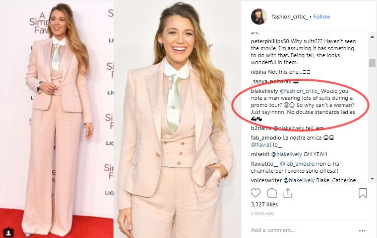  The A-List actress asked if the red carpet fashion account would 'note a man wearing lots of suits during a promo tour?'