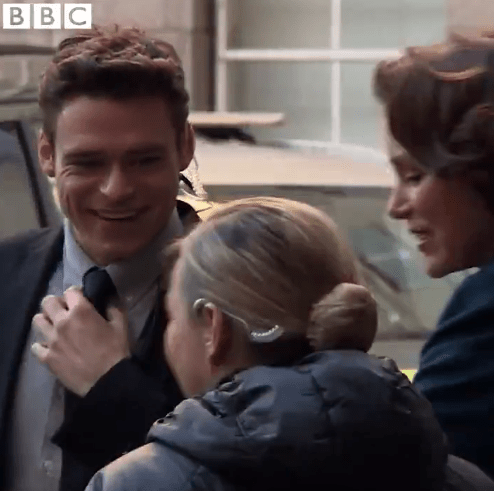 Keeley Hawes and Richard Madden are seen laughing and joking together on set in a behind-the-scenes video from the Bodyguard set