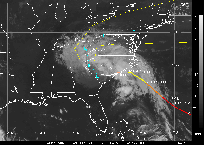  A map tracking the progress of Hurricane Florence from the Atlantic into Georgia and the Carolinas