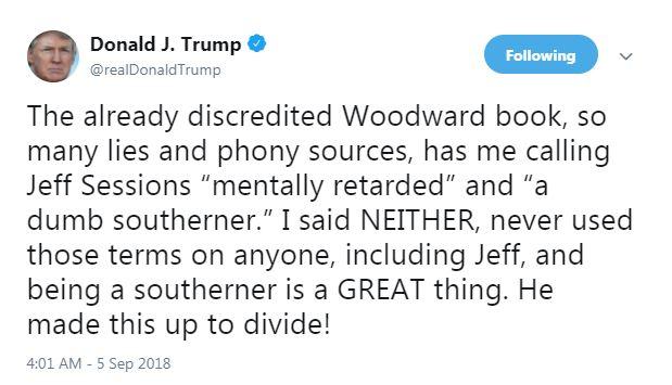  Trump took to Twitter to express his outrage at the allegations made against him in Woodward's book, Fear