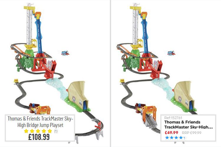  This Thomas & Friends TrackMaster Sky-High Bridge Jump Playset costs £108.99 at Argos (left) and £49.99 at Smyths (right)