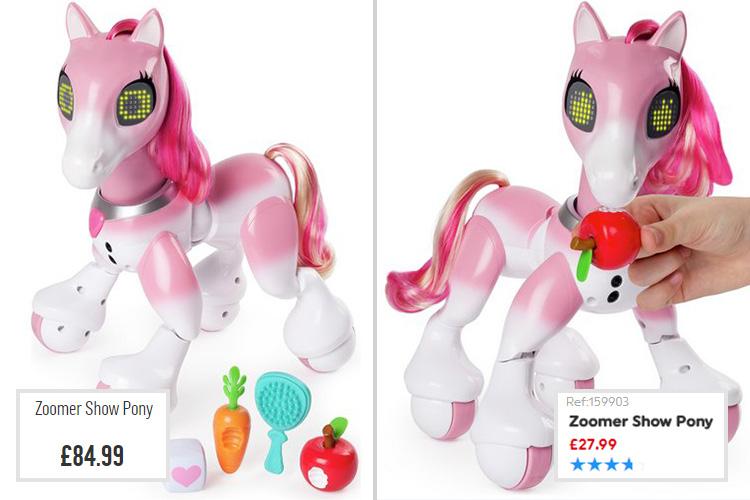 Argos is selling Zoomer Show Pony for £84.99 (left) - but Smyths is selling it for £27.99 (right)