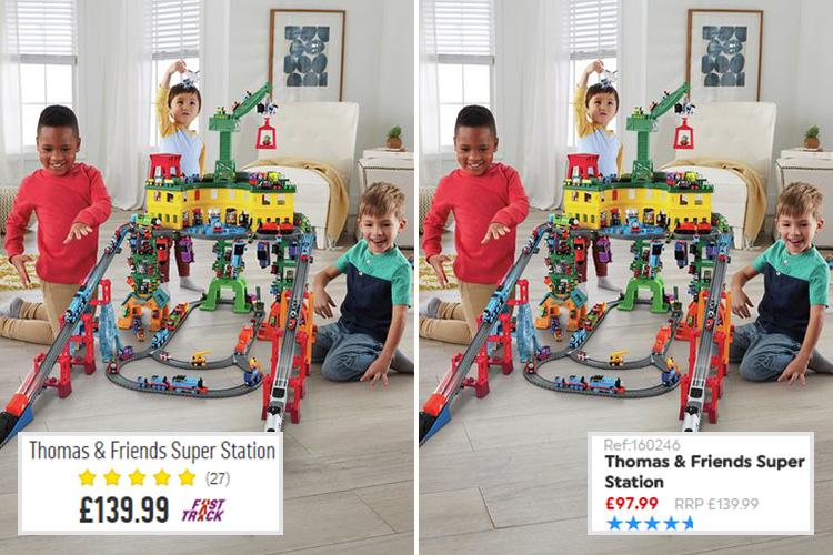 Argos is selling a Thomas & Friends Super Station for £139.99 (left) while the same toy is on sale at Smyths for £97.99 (right)