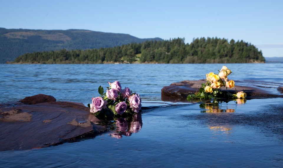 Flowers left on Utøya in memory of those killed by Breivik