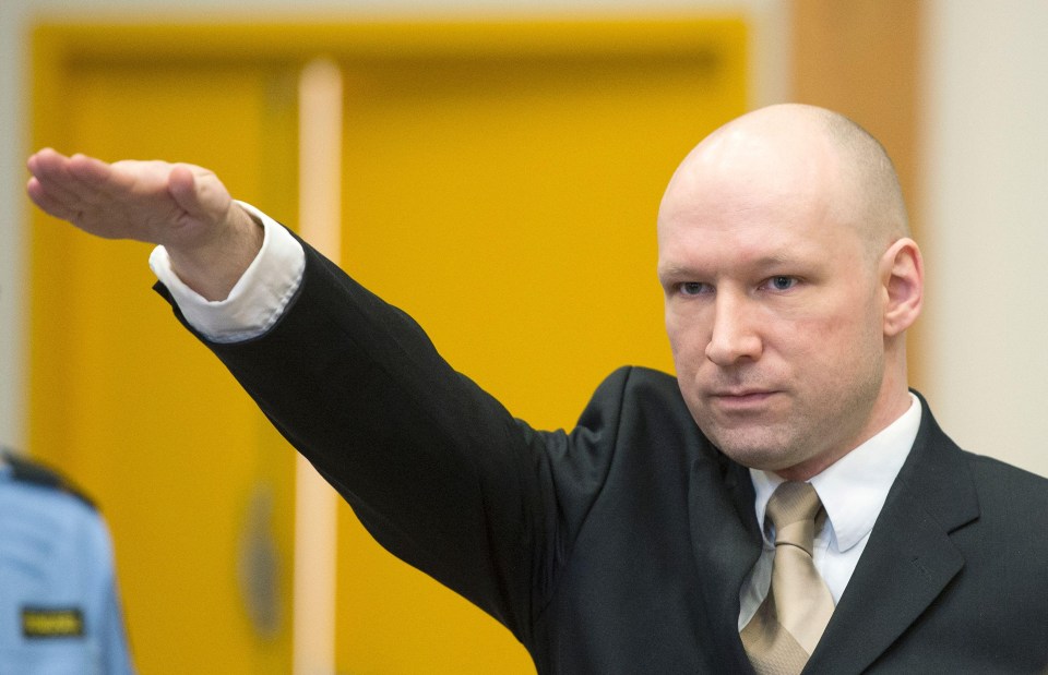 Breivik giving a Nazi salute in court where he was appealing against being held in solitary confinement