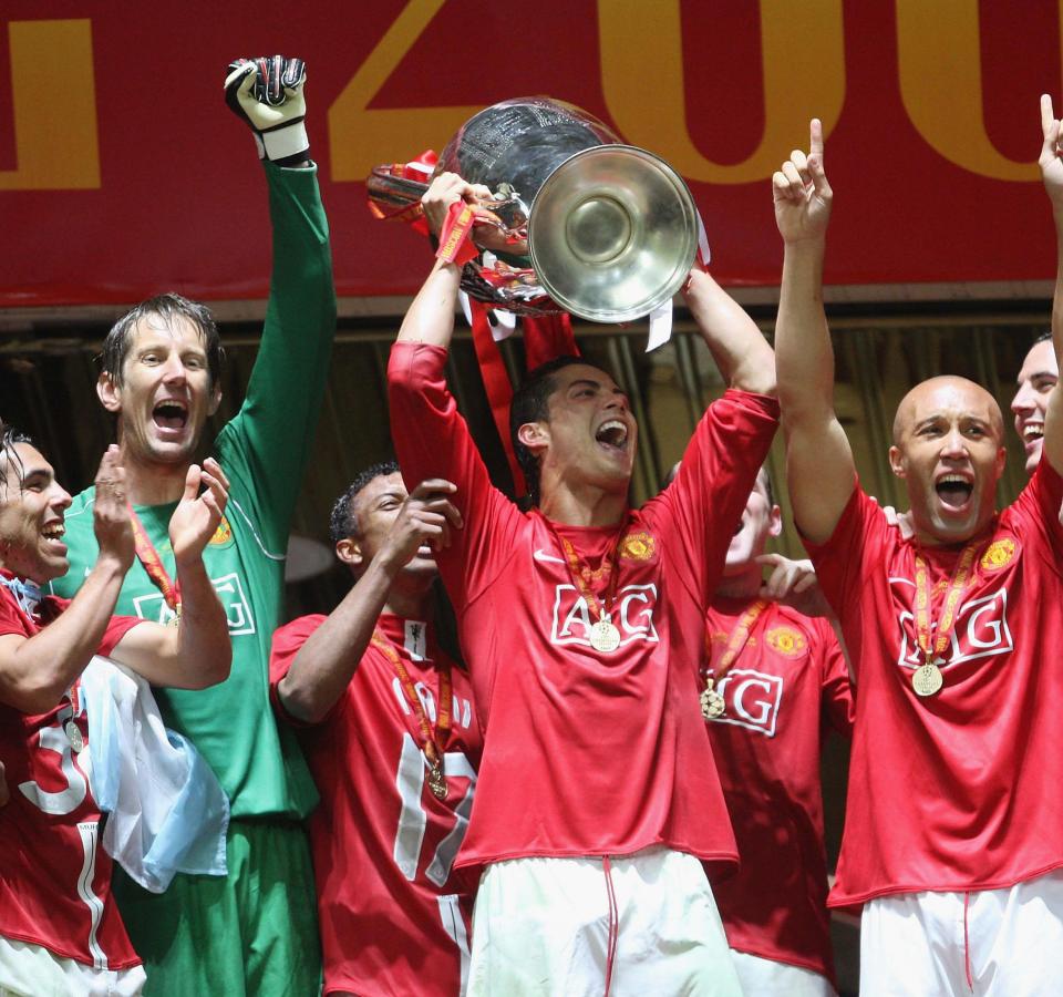  Ronaldo, middle, celebrates after United's Champions League triumph in Moscow back in 2008