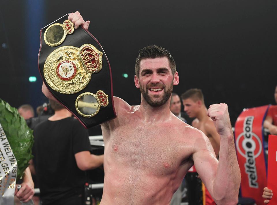 Fielding celebrates his fifth round win over Tyron Zeuge in Germany earlier this year