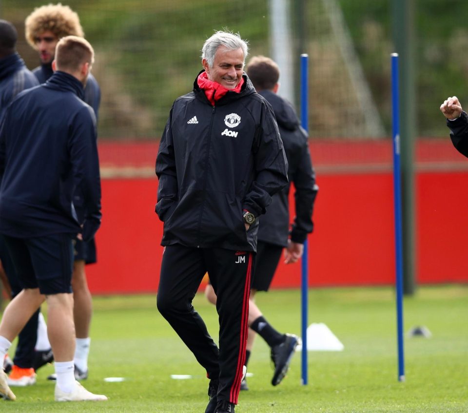  Jose Mourinho showed-off a rare smile at Man United training this morning