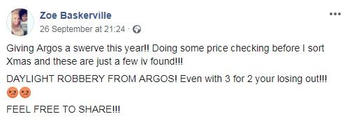 Zoe Baskerville, 44, of Notts, was the first to spot how Argos charges more for the same toys 