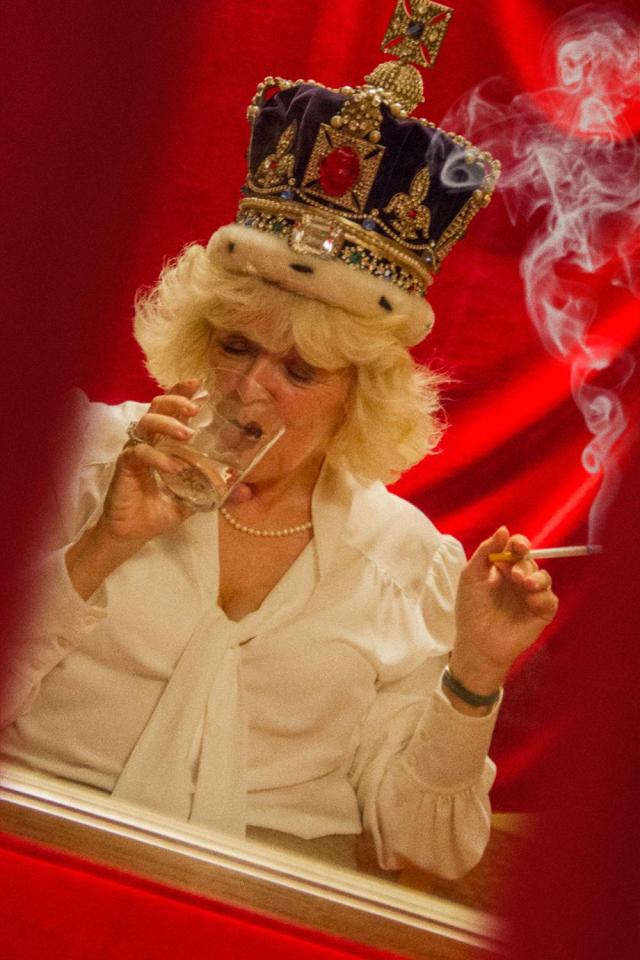  The Duchess of Cornwall enjoys a quick shandy and smoke as she tries out the crown 'for size'