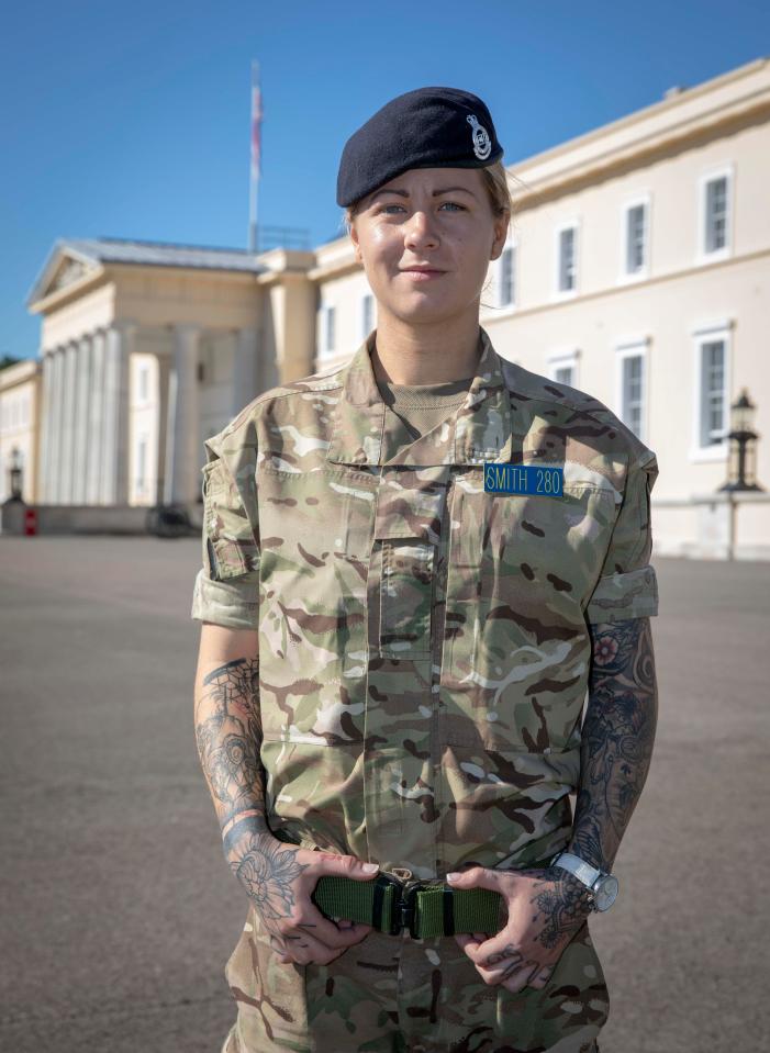 Proudly displaying the tattoos that betray her humble beginnings, Rebecca, above, said: 'Without the Army, my life would have panned out differently – and not in a positive way'