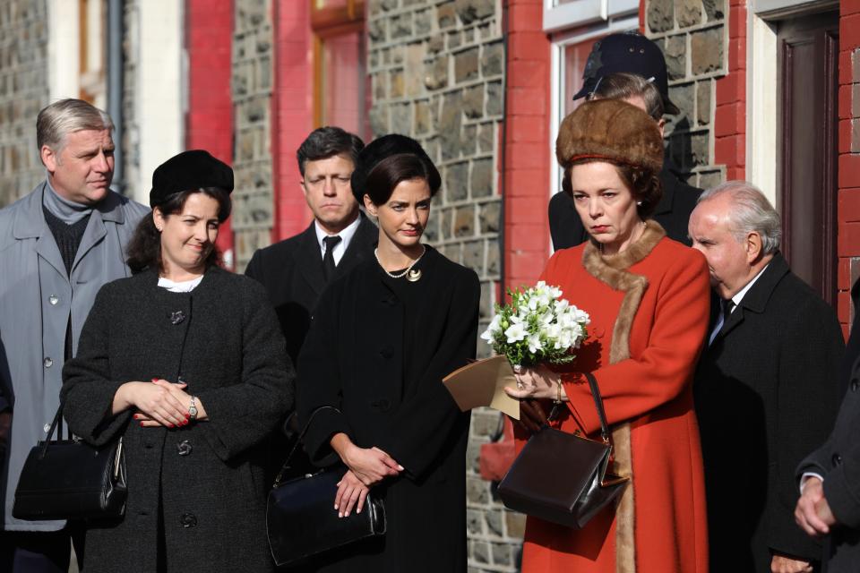  Olivia Colman is seen recreating the Queen's iconic visit to Aberfan