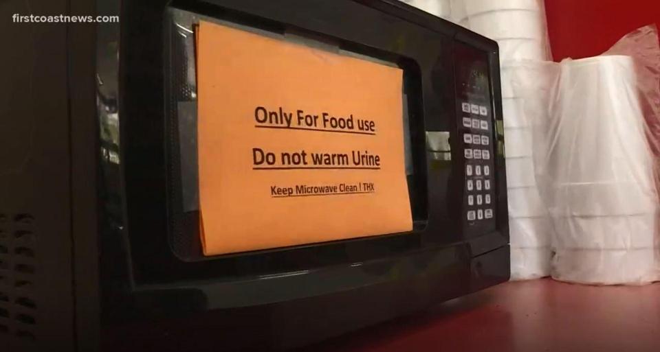  The bizarre sign on the microwave at the Jacksonville cafe reads: 'Only for food use. Do not warm urine. Keep microwave clean. Thx'