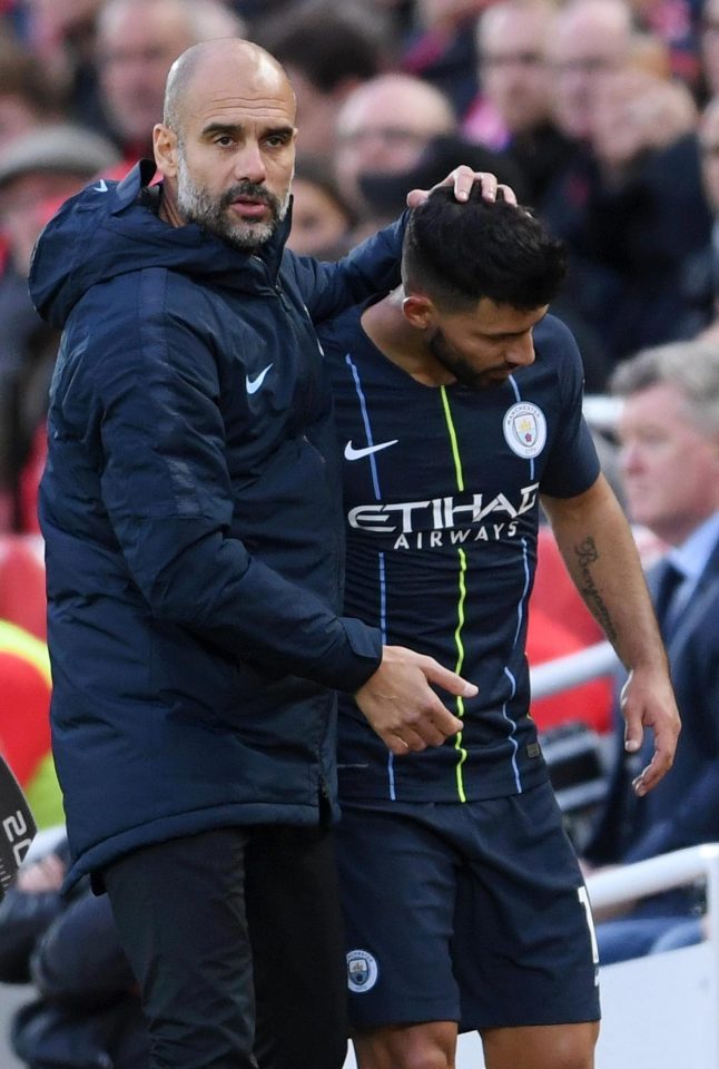 Pep Guardiola consoles Aguero after hauling him off at Anfield