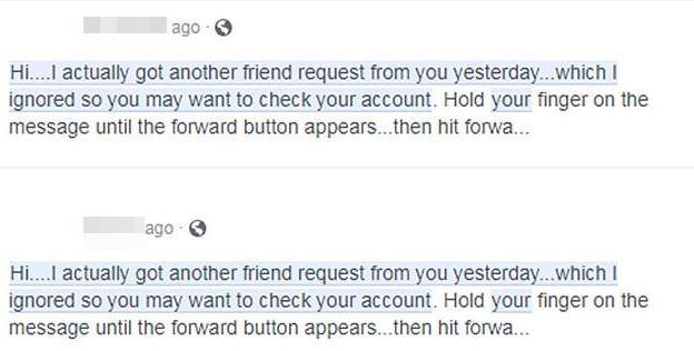  Pictured is a screengrab of the Facebook scam falsely telling users their account has been cloned