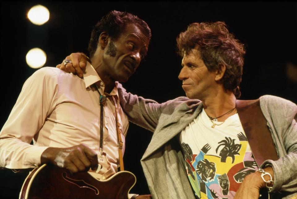  Chuck Berry with Keith Richards at The Fox Threatre St Louis during filming of the documentary Hail Hail rock N Roll