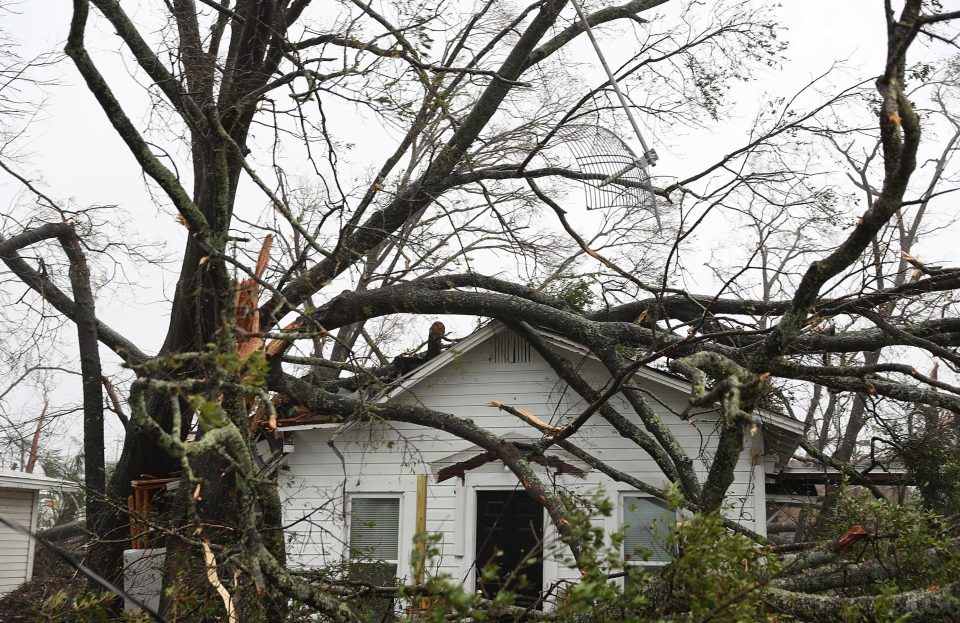  Trees lay on the top of a home after hurricane Michael passed through the area