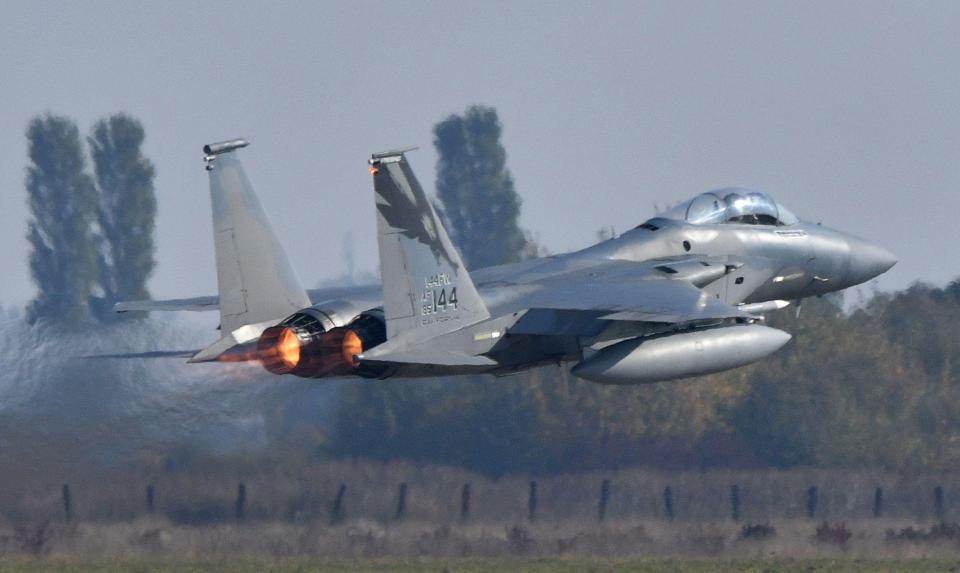  US F-15 fighter takes off during an air force exercise on Starokostyantyniv military airbase