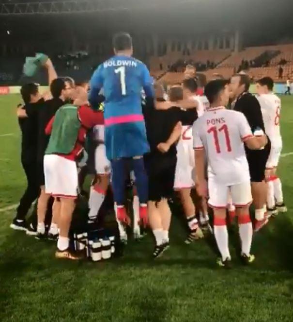  Gibraltar players celebrated on the pitch after their first competitive win