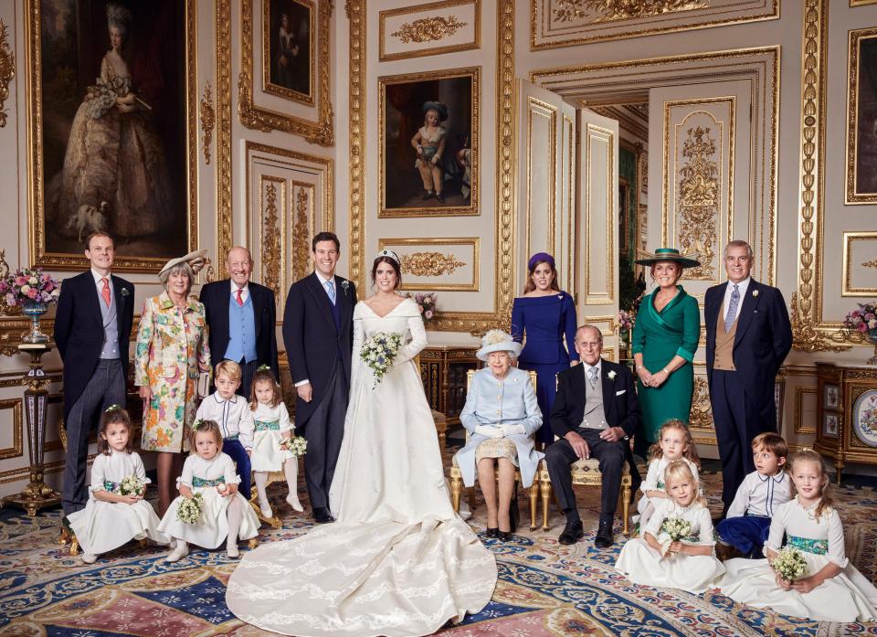  Princess Eugenie and Jack Brooksbank pose with the Queen, Prince Philip, their parents and bridal party, Mia is pictured on the front row, second from the left