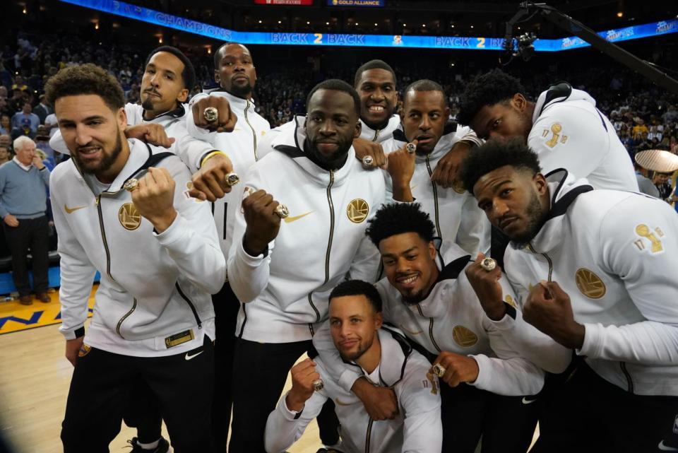 The Warriors roster celebrated their 2017-18 victory last night