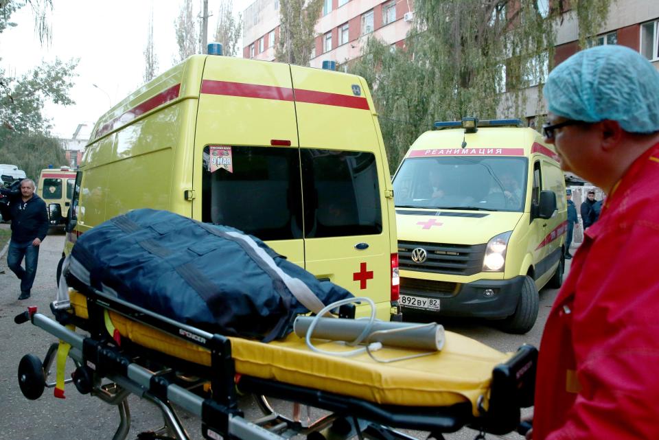 Ambulances outside No1 Pirogov Hospital after a blast and a shooting attack at the Kerch polytechnic vocational school