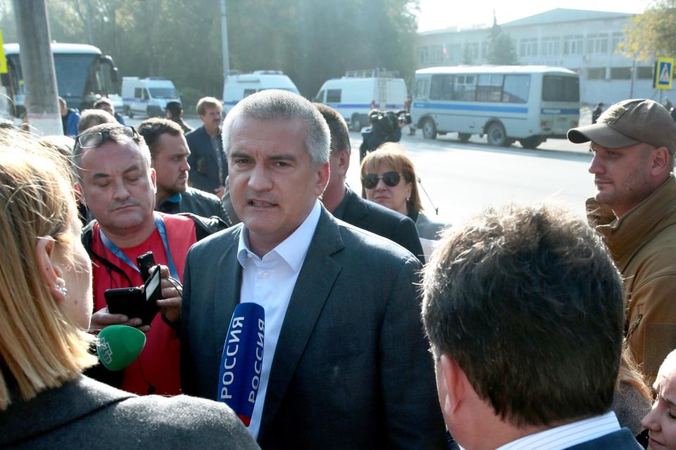 Kremlin-appointed Crimean chief Sergei Aksyonov speaking to journalists this morning