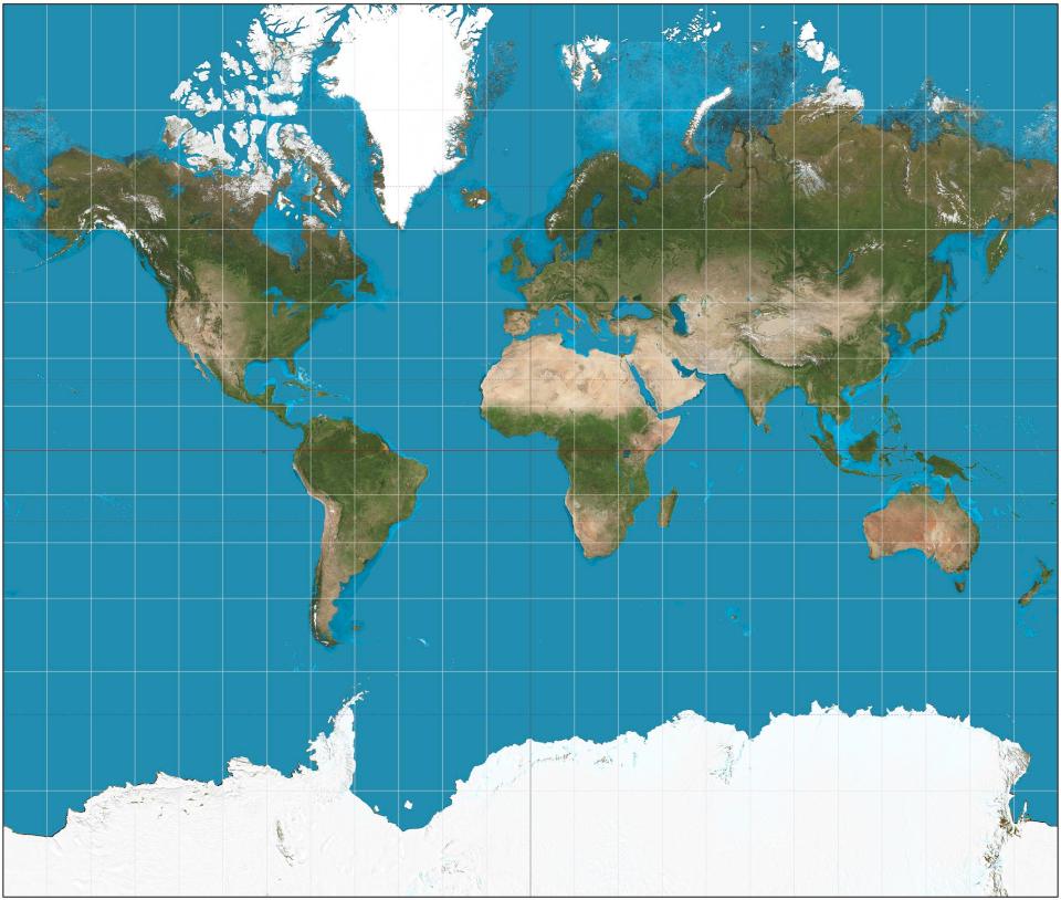  In the Mercator map, Greenland and Africa appear roughly the same size while Antarctica dwarfs all the continents