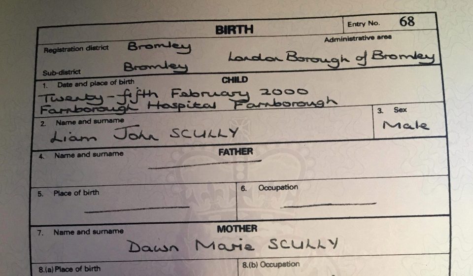  Liam's birth certificate does not state who his dad is