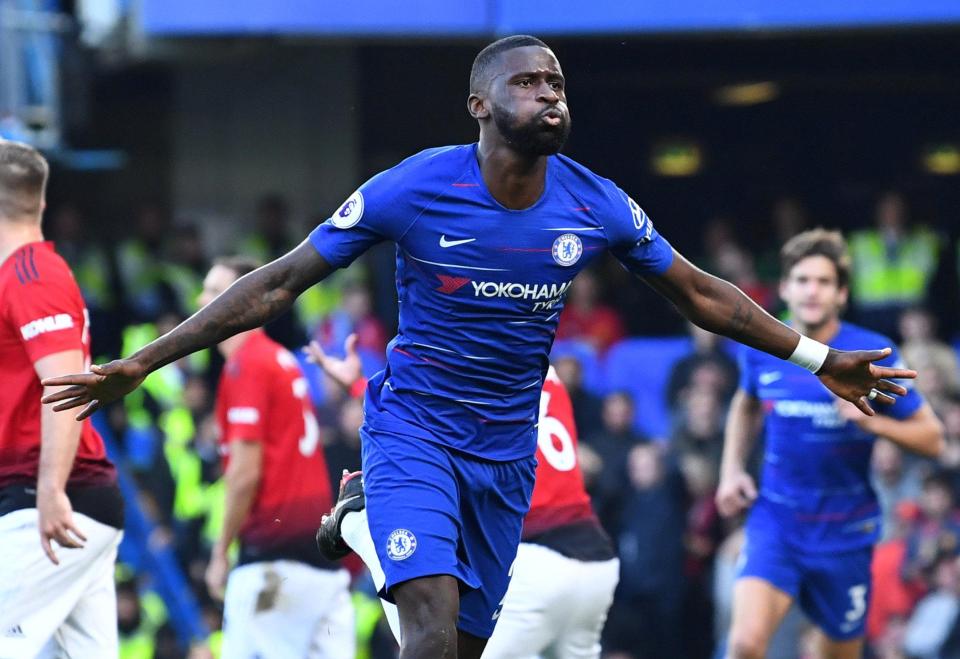  Rudiger reacts after firing Chelsea into the lead after getting on the end of Willian's corner