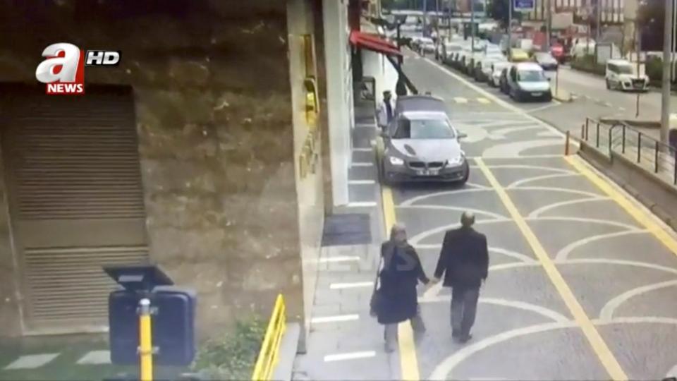  CCTV claims to show Saudi journalist Jamal Khashoggi and his fiancee leaving their home on the day he disappeared in Istanbul