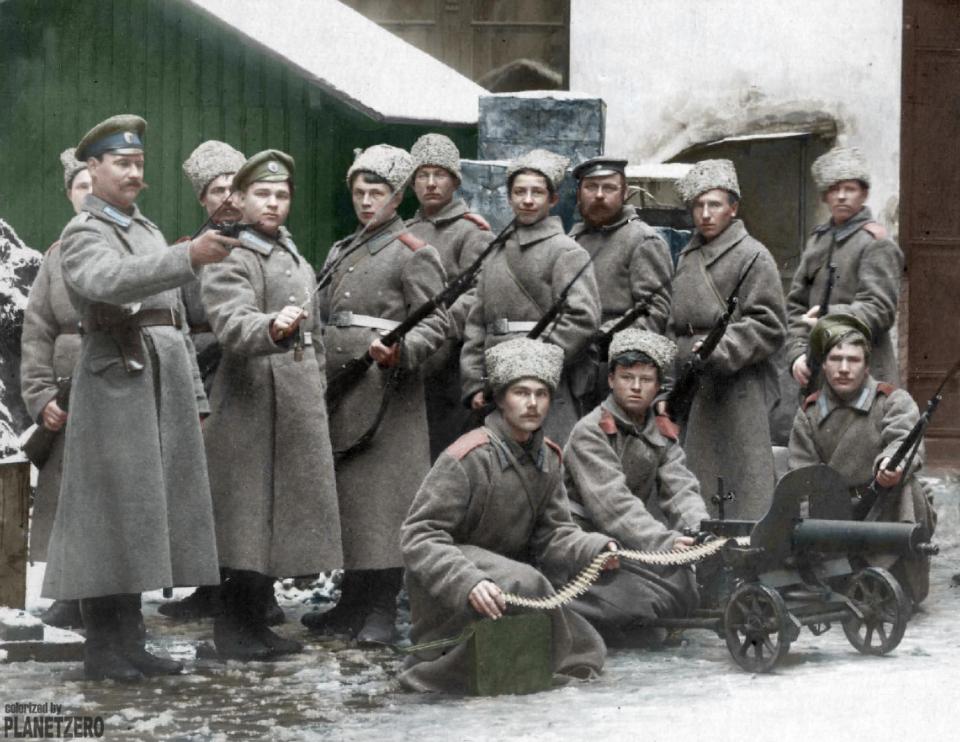  Guard soldiers from the Kexholm regiment guarding the Central telegraph in Petrograd 1917