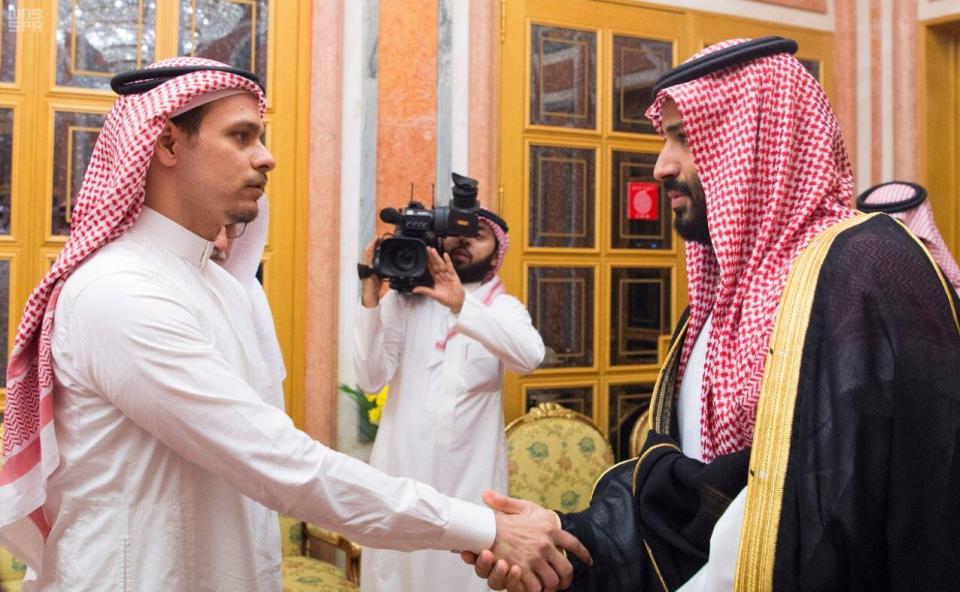  Crown Prince Mohammad Bin Salman (right) comes eye-to-eye with Khashoggi's devastated son Salah