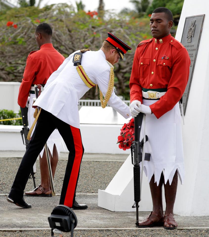  Harry has laid a wreath and met Fijian war veterans during the latest leg of their Royal tour today