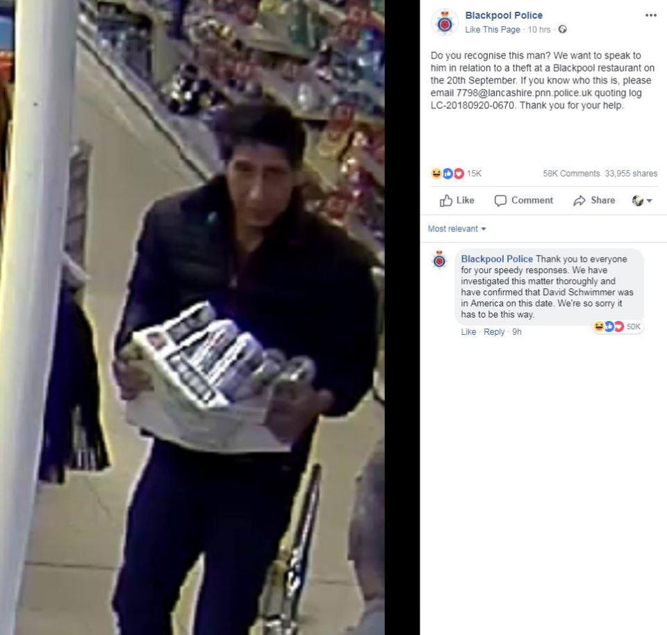  The David Schwimmer lookalike was seen clutching the beers as he stared down a security camera in Blackpool