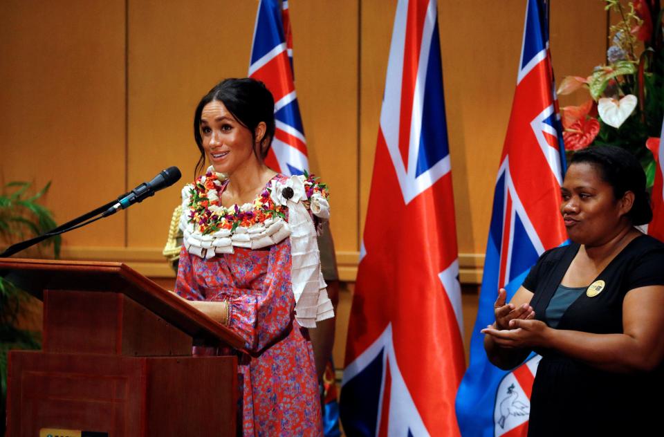  Meghan speaks during a visit to the University of the South Pacific in Suva