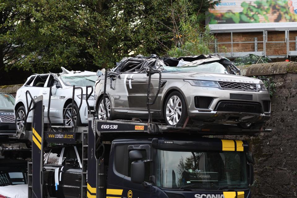  The Range Rover at the front of the transporter was bady damaged from the impact