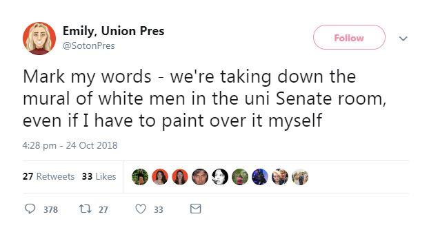 The president of the University of Southampton's Student Union tweeted this in reference to the Rothenstein Mural