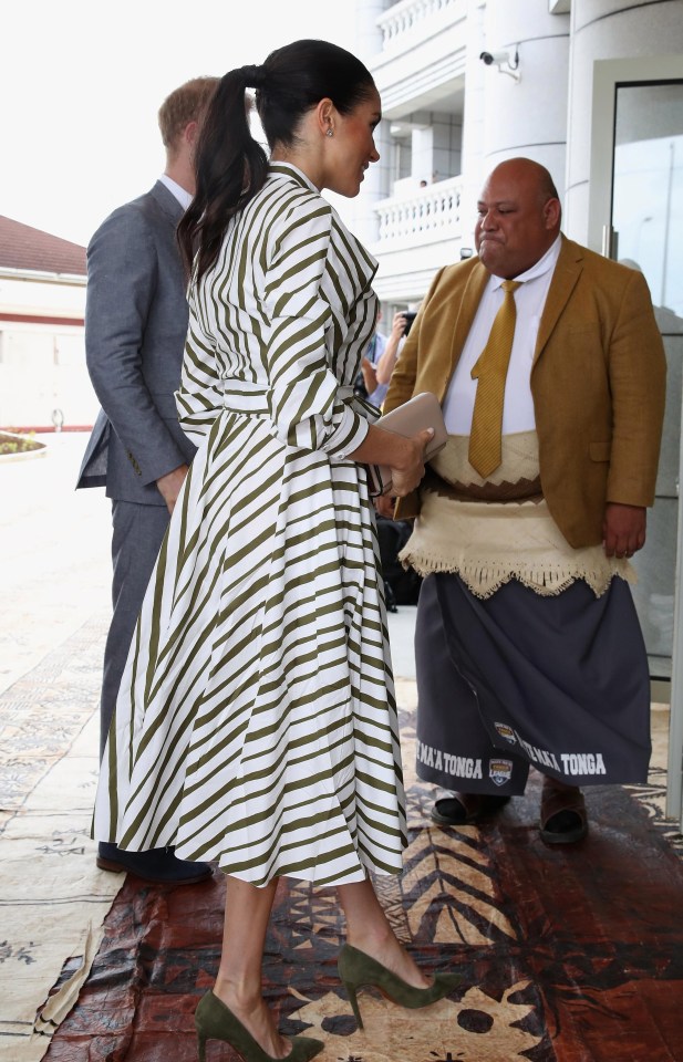 Meghan’s striped cotton dress is from the designer’s Spring 2019 collection