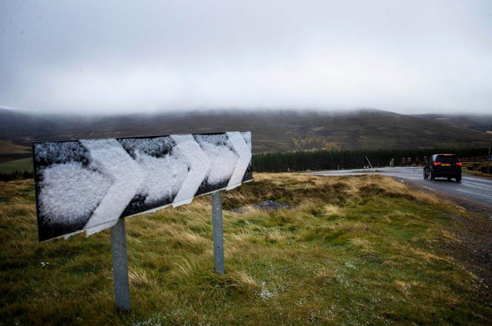  Early winter snow on a road sign on the A939 near Tomintoul, Moray, yesterday