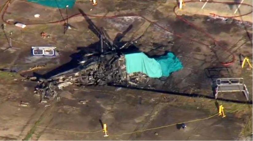  An aerial view of the wreckage of the helicopter in Leicester this morning